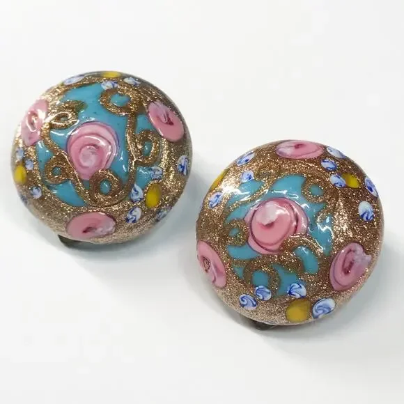 VTG Itlay Venetian Murano Fiorato Lampwork Wedding Cake Button Clip On Earrings - Picture 9 of 12